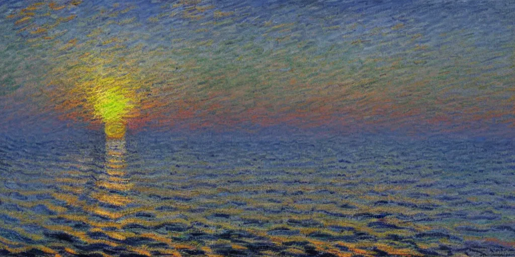 Image similar to An aesthetically pleasing, dynamic, energetic, lively, well-designed digital art of a sunset, beach, ship on horizon, light and shadow, caustics, by Claude Monet, superior quality, masterpiece, excellent use of negative space.