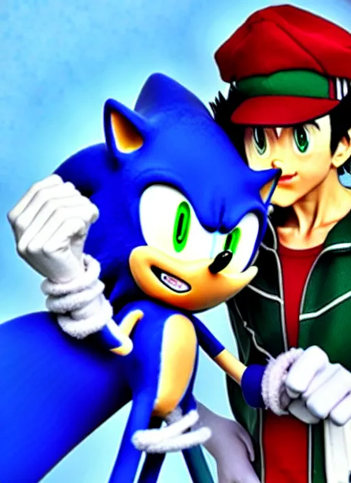 Image similar to sonic the hedgehog and jotaro kujo from jojo's bizarre adventure hanging out, photorealistic