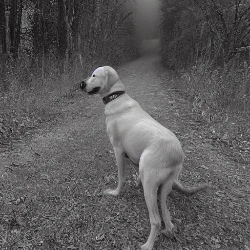 Image similar to yellow dog man scary monster pointy rusty trailcam footage, liminal, black and white, uncanny valley, foggy, creepypasta, scary nightmare fuel