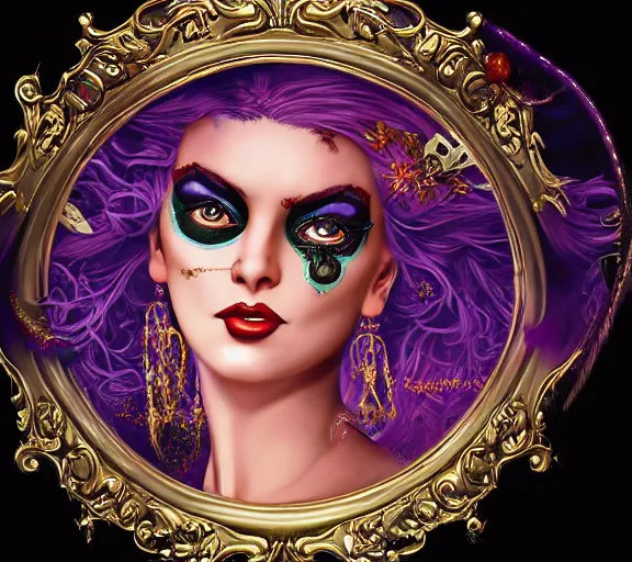 Prompt: beautiful female character inspired by new orleans mardi gras and rococo vampire bounty hunter | | digital artwork made by greg rutswork, anna dittmann and lois van barlee, symmetrical rim light, anatomically correct