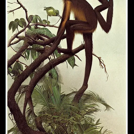 Prompt: spider monkey on a tree, by walton ford, audubon, haeckel, bouguereau