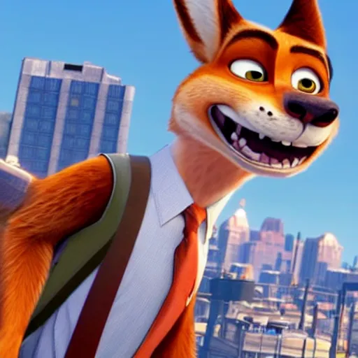 Image similar to Nick Wilde (from Zootopia) in a Grand Theft Auto loading screen