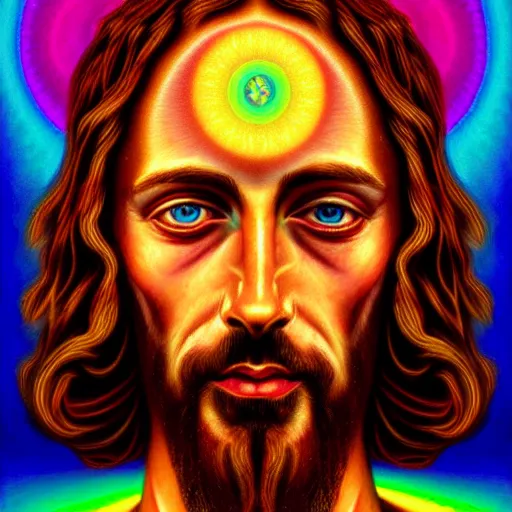 Image similar to An extremely psychedelic portrait of Jesus, surreal, LSD, face, detailed, intricate, elegant, lithe, highly detailed, digital painting, magical, Occult, artstation, concept art, smooth, sharp focus, illustration