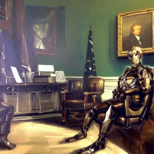 Image similar to senator armstrong from metal gear rising revengeance sitting in oval office, oil painting, presidential portrait