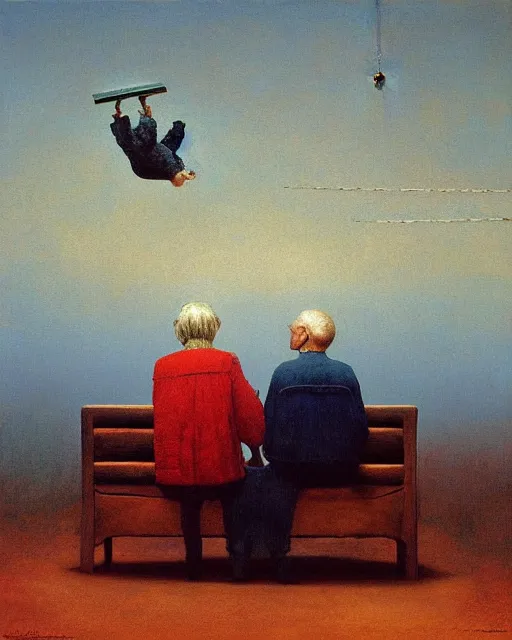 Prompt: old couple sitting on a couch in an old wooden house and looking at a scared boy flying in sky, Beksinski painting