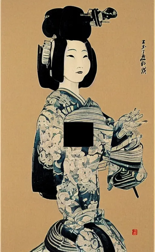 Prompt: Japanese robot geisha in the style of Gala Contemplating the Mediterranean Sea which at Twenty Meters Becomes the Portrait of Abraham Lincoln by salvador dali