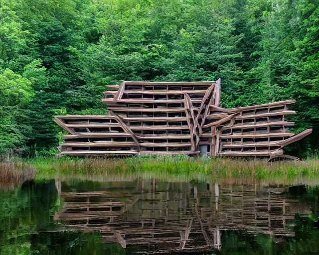 Prompt: pagan brutalist building made of carved wood near a pond and forest, a lot of chimes and calmness