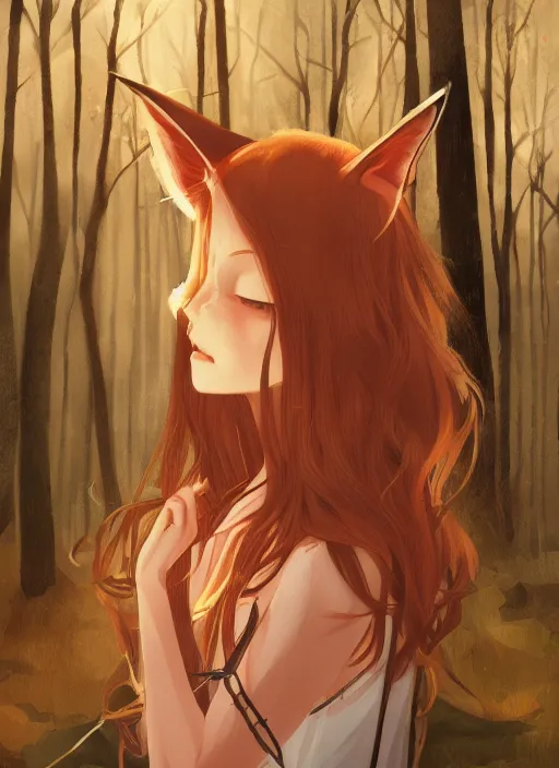 Prompt: illustration by tatsuki fujimoto, girl with fox ears, long wavy orange hair, light brown trenchcoat, forest background, focus on face, pretty, moody lighting, painterly