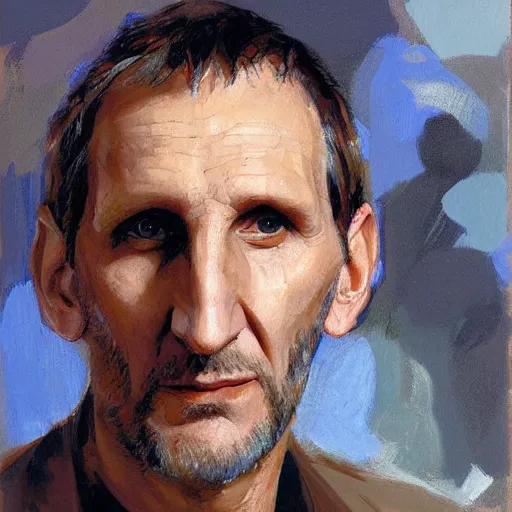 Prompt: a highly detailed beautiful portrait of christopher eccleston doctor who by gregory manchess, james gurney, james jean