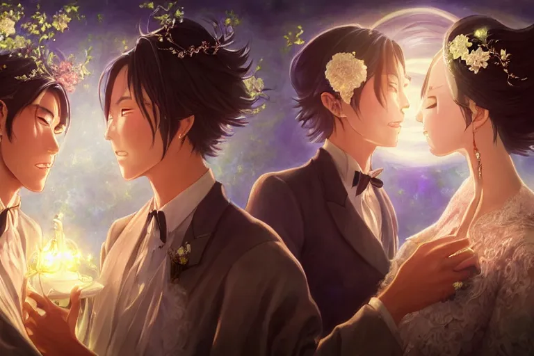 Prompt: a dreamlike portrait of wedding close up moment of a divine a japan sun god and moon goddess lovers magician at a wedding banquet. highly detailed, digital painting, fantasy wedding screen, 8 k realistic, hyper detailed, by makoto shinkai and akihiko yoshida and hidari and wlop