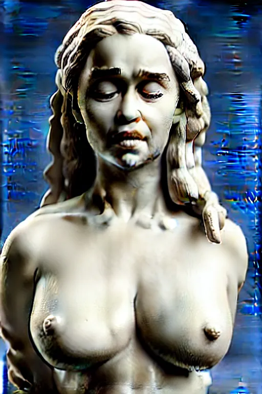Image similar to statue of Emilia Clarke cute surprised, eyes closed, bliss, highly detailed, seductive, hyperrealism, painted by John Singer Sargant, Greg Rutkowki, Frank Frazetta