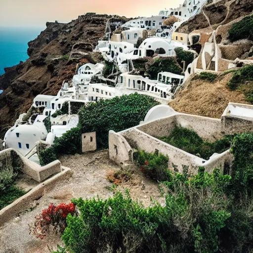 Image similar to overgrown abandoned ruins of santorini, national geographic