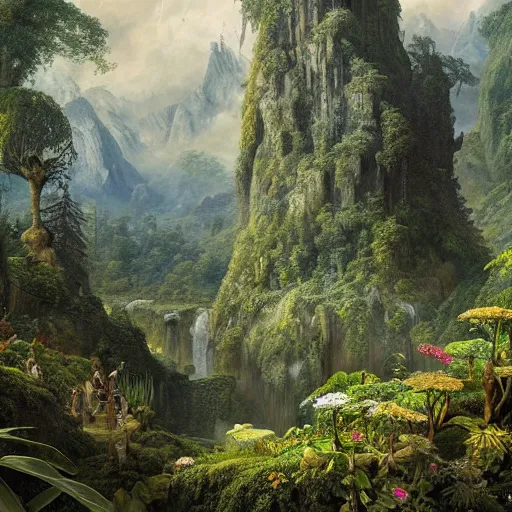 Image similar to a beautiful and highly detailed matte painting of a magical garden in a lush forest in a forgotten valley in an epic mountain range, intricate details, epic scale, insanely complex, 8 k, sharp focus, hyperrealism, by caspar friedrich,