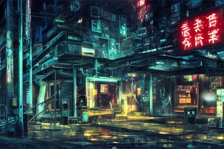 Prompt: Oil painting of a cyberpunk funeral home, 4k, art by Hans Rudolf Geiger and Shirow Masamune, still from anime Serial Experiments Lain, sad atmosphere, moody neon lighting, lots of cigarette smoke