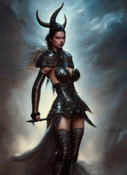 Image similar to a beautiful woman with horns and armor, victorian armor, adriana lima, painted by artgerm and tom bagshaw, fantasy art, dramatic lighting, highly detailed oil painting, volumetric lighting