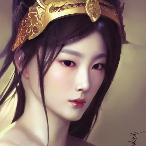 Image similar to A portrait of a female korean model as Ishtar the goddess of love, Stjepan Sejic, Ruan Jia, and Mandy Jurgens, and Artgerm, and william adolphe bouguereau, highly detailed, trending on artstation, award winning