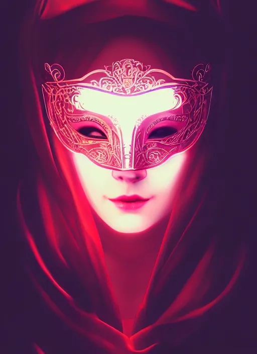 Prompt: centered portrait of a beautiful masked woman wearing a venetian mask, intricate concept art, ethereal, highly detailed, artstation, smooth, cyberpunk darksynth, cinematic, mist, dramatic neon lighting, illuminated lines, outrun, vaporware, by ruan jia and ilya kuvshinov and liam wong and jeremy mann and alphonse mucha