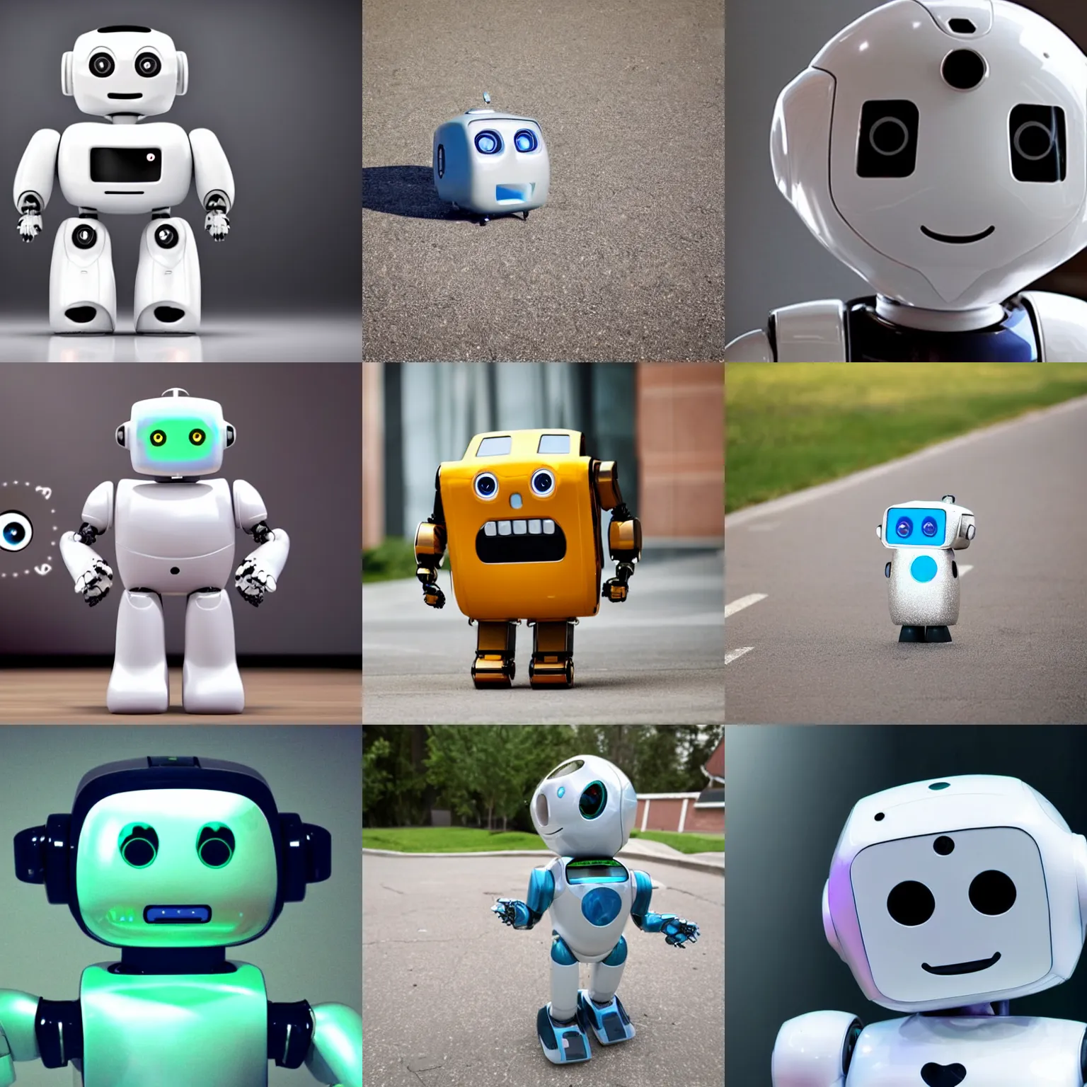 Prompt: <photo quality=hd+ mode=attention-grabbing>Cute happy self-aware robot wants you to pick it up</photo>