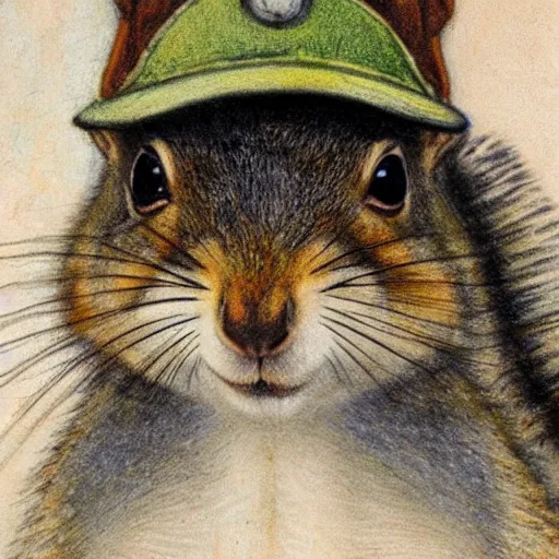 Image similar to by waterhouse, picture portrait of a squirrel wearing a delta aviator cap, photorealism, 8 k,