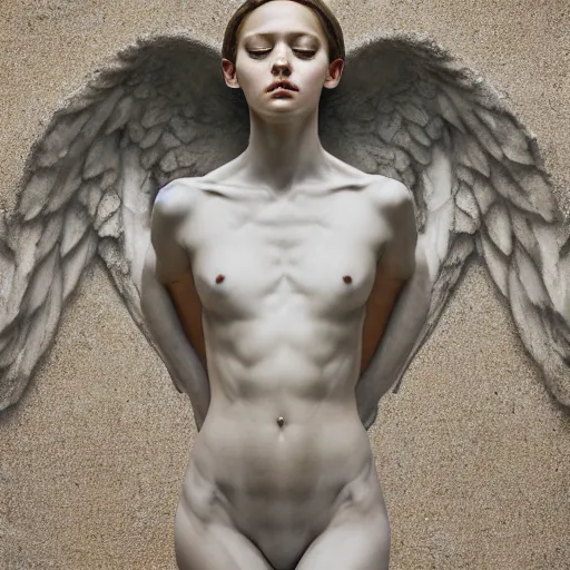 Image similar to a statue made of white marble with gold veins, of an beautiful gorgeous angel girl, full body shot, perfect symmetrical body, perfect symmetrical face, no eyes, hyper realistic, hyper detailed, fujicolor superia 1 6 0 0 photo, by peter kemp, by monia merlo, by michelangelo octane render, blender, 8 k