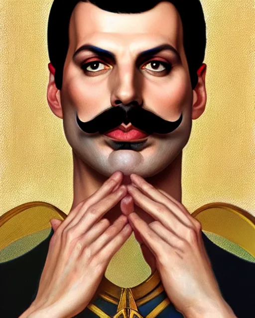 Prompt: symmetry portrait of renaissance freddie mercury with large glossy mustache, glam, shadowfire, forest background, intricate, elegant, highly detailed, digital painting, artstation, concept art, smooth, sharp focus, illustration, art by artgerm and greg rutkowski and fra angelico and alphons mucha