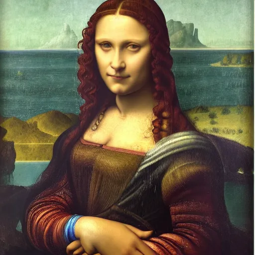 Prompt: portrait of a beautiful woman at a lake, oil painting by Da Vinci