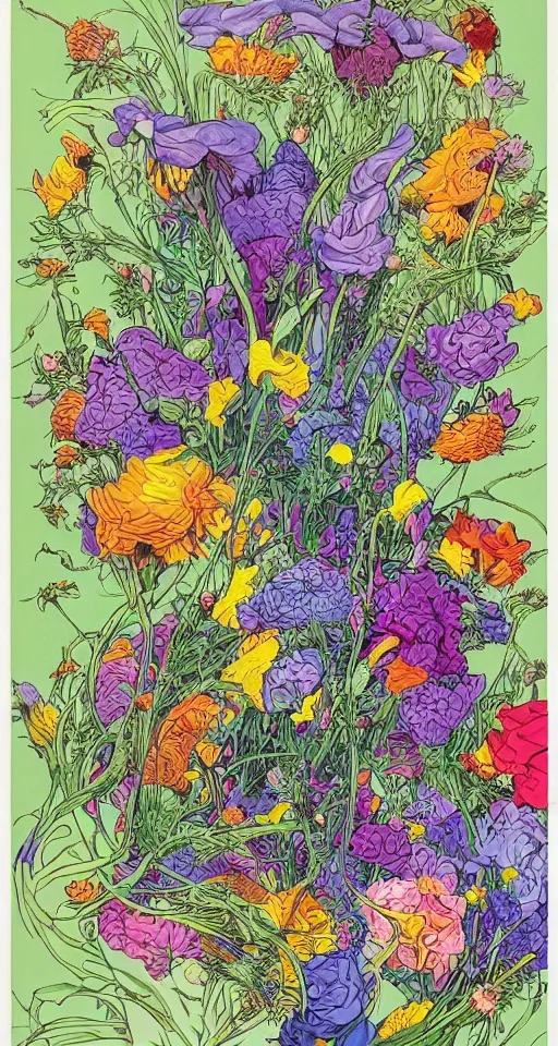 Image similar to beautiful flowers by mœbius, overdetailed art, colorful, record jacket