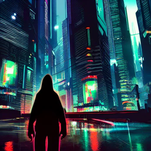 Image similar to cyberpunk artstation city at night hooded silhouette person in foreground