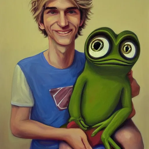 Prompt: Portrait of xQc with pepe the frog , oil painting