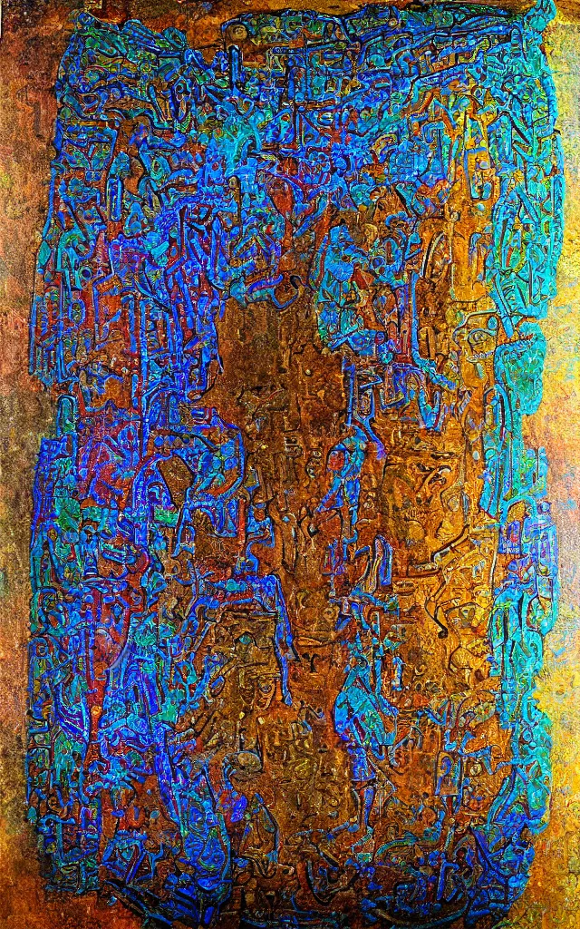 Prompt: ancient sarcophagus made of iridescent metal strange glyphs, award winning oil painting, midnight color palette