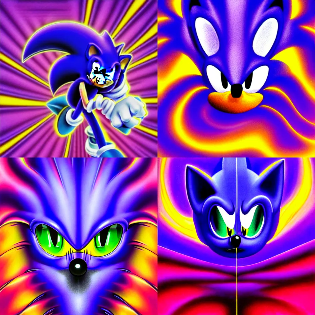 Prompt: surreal, sharp, detailed professional, high quality airbrush art portrait MGMT album cover of a liquid dissolving DMT sonic the hedgehog, purple checkerboard background, 1990s 1992 Sega Genesis video game box art
