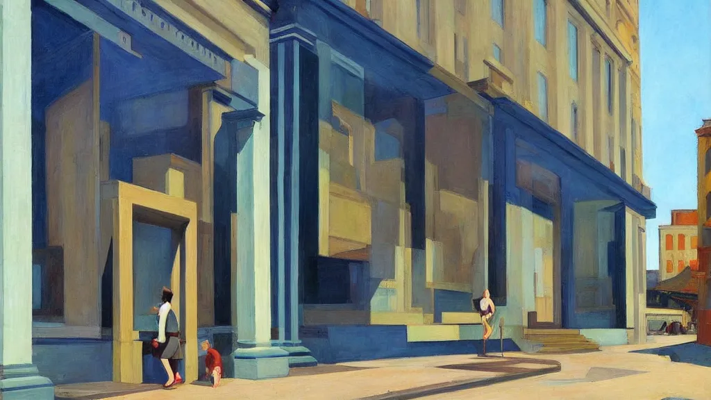 Prompt: Street art. paralyzed by the indescribable beauty of the cosmos. amazing facade of the entrance to the art gallery exhibition. art style by Edward Hopper daring, incredible
