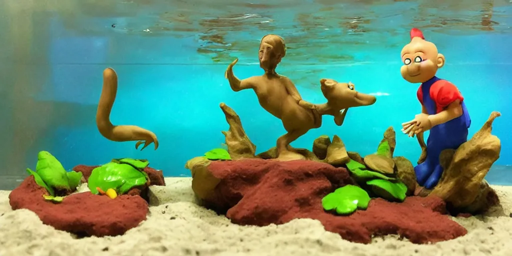 Prompt: plasticine model in water. figures clay. siamese fighting fish. clay figure. surreal. tropical fish tank with sand. strange. weird. astrix and obelisk. tintin. hands. tank. wallace and gromit. aquatic photography. photorealistic. waiting room