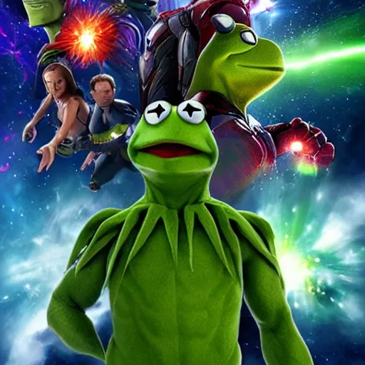 Image similar to the avengers battle one kermit the frog in space, galaxy, hd, 8 k, explosions, gunfire, lasers, giant, epic, colorful, realistic photo, unreal engine, stars, prophecy, powerful, cinematic lighting, destroyed planet, debris, justice league, movie poster, violent, sinister, ray tracing, dynamic, print, epic composition