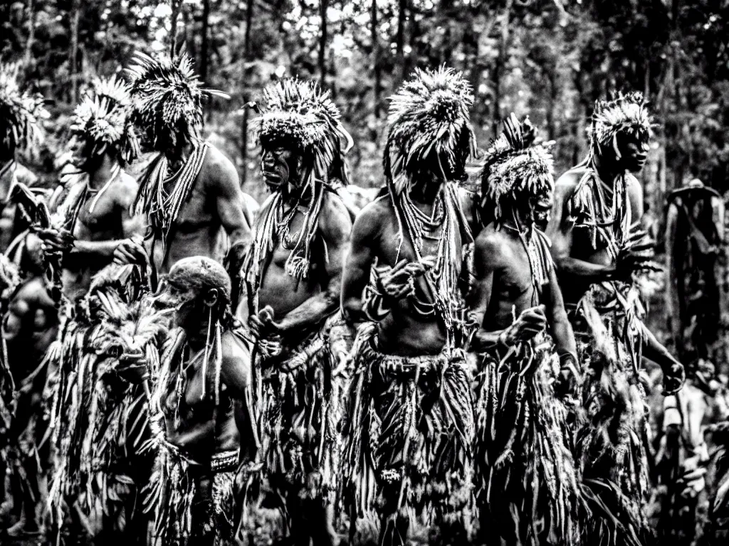 Image similar to cinematic, film grain, 3 5 mm, photography, midnight, ancient baluba tribe ceremony, shamans wearing fearsome tribal ancestors masks, emerging from dark woods, drummer, tribal dancers, transe, fire, congo, luba tribe