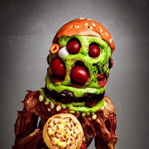 Image similar to a humanoid bipedal upright zombie that strongly resembles a hamburger, professional food photography