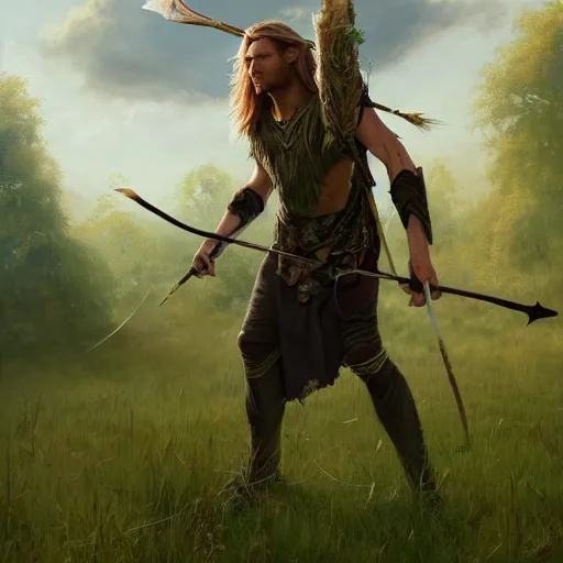 Prompt: a beautiful painting of an epic fantasy style mystical forest elf man with long blond hair holding a epic longbow in the midst of a grassy meadow, oil painting, Greg Rutkowski, archer, unreal 5, DAZ, hyperrealistic, octane render, RPG portrait, dynamic lighting, fantasy art,