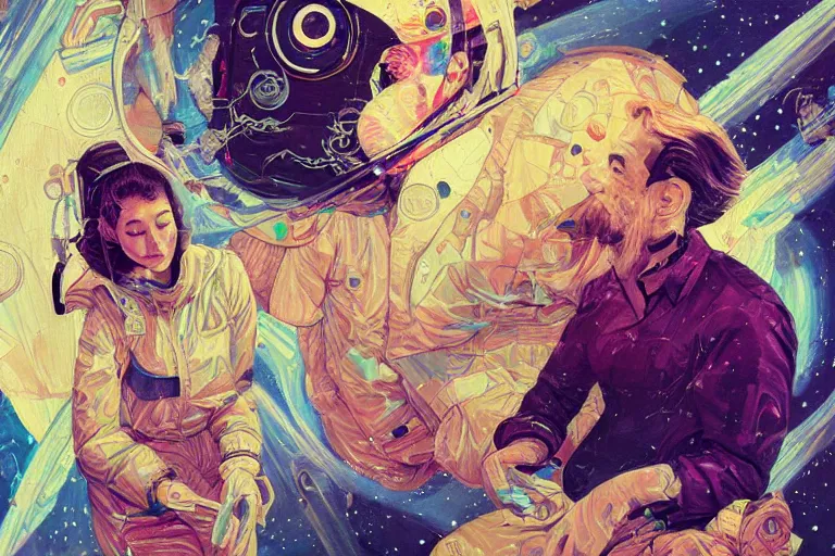 Image similar to a painting of a man and a woman in space, a computer rendering by James Jean, featured on behance, feminist art, photoillustration, surrealist, behance hd