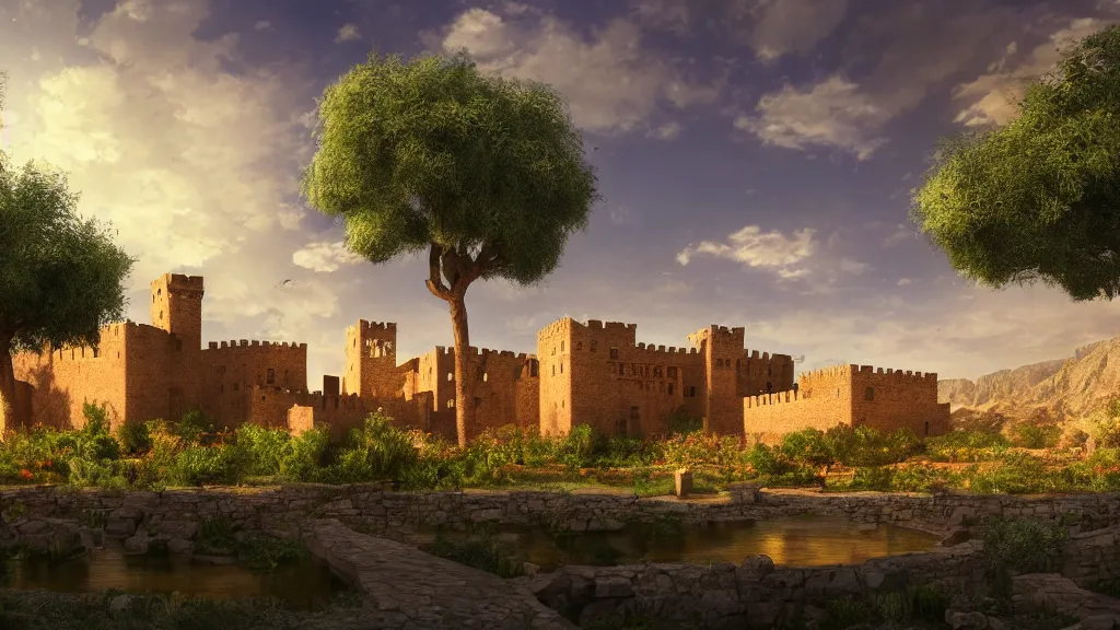 Prompt: adobe castle with large rectangle reflective pool surrounded by lemon trees in the desert, game of thrones, volumetric lighting, fantasy artwork, very beautiful scenery, very realistic painting effect, hd, hdr, cinematic 4 k wallpaper, 8 k, ultra detailed, high resolution, artstation