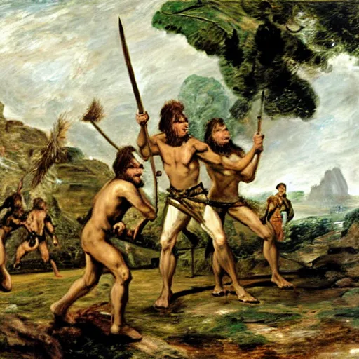 Image similar to A green scaly dinosaur fighting with several realistic detailed cavemen with proportioned bodies armed with spears, the cavemen are wearing animal furs, coarse canvas, visible brushstrokes, intricate, extremely detailed painting by John Constable