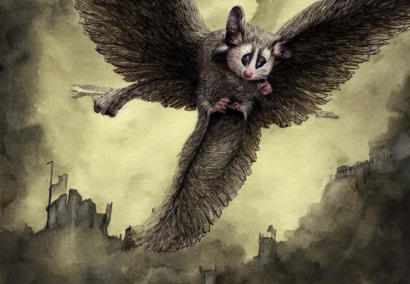 Image similar to epic winged possum flying over a medieval castle under a dark starred sky, dark fantasy, watercolor, dreaming illusion, highly detailed, 4k, trending on Artstation, award-winning