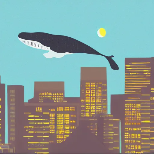 Image similar to illustration of a whale flying over a city at night