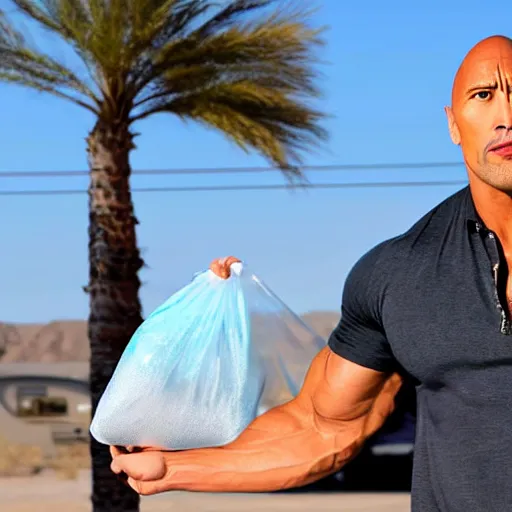 Image similar to dwayne the rock johnson holding a ziplock bag with baby blue meth, desert background, next to an rv, by stephen bliss, gta loading screen