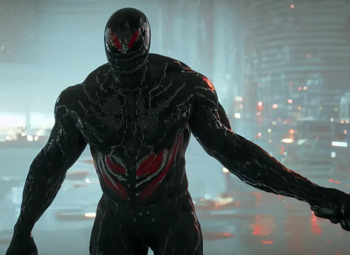 Image similar to venom fused with deadshot, ultra realistic 4 k unreal engine very cinematic render with ray tracing bloom ambient occlusion strong reflections