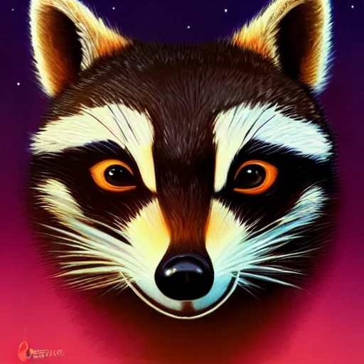 Prompt: Mischievous raccoon By Casey Weldon and Martine Johana, rich colors, intricate, elegant, highly detailed, centered, digital painting, artstation, concept art, smooth, sharp focus, illustration