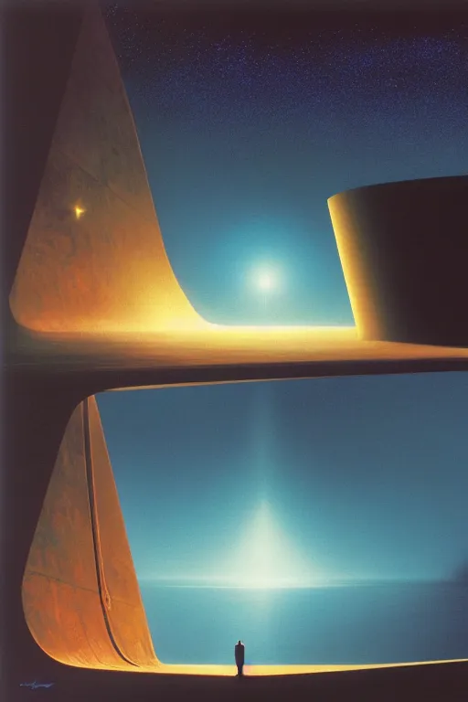 Image similar to emissary space by arthur haas and bruce pennington and john schoenherr, cinematic matte painting, zaha hadid building, photo realism, dark color palate, blue hour stars, james turrell,