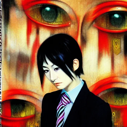 Image similar to yoshitaka amano blurred and dreamy realistic three quarter angle portrait of a young woman with short hair and black eyes wearing office suit with tie, junji ito abstract patterns in the background, satoshi kon anime, noisy film grain effect, highly detailed, renaissance oil painting, weird portrait angle, blurred lost edges