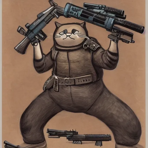 Image similar to photograph of a realistic anthropomorphic cat with lots of guns