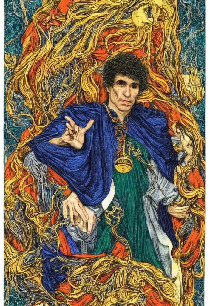 Image similar to Yoshua Bengio on the Tarot card. Illustration by preraphaelists