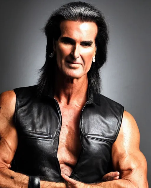 Prompt: photo of fabio lanzoni scruffy with black black hair and a five o clock shadow wearing a black leather vest, shirtless, dark cargo pants 9 9 9 9 9 9 9 9 9